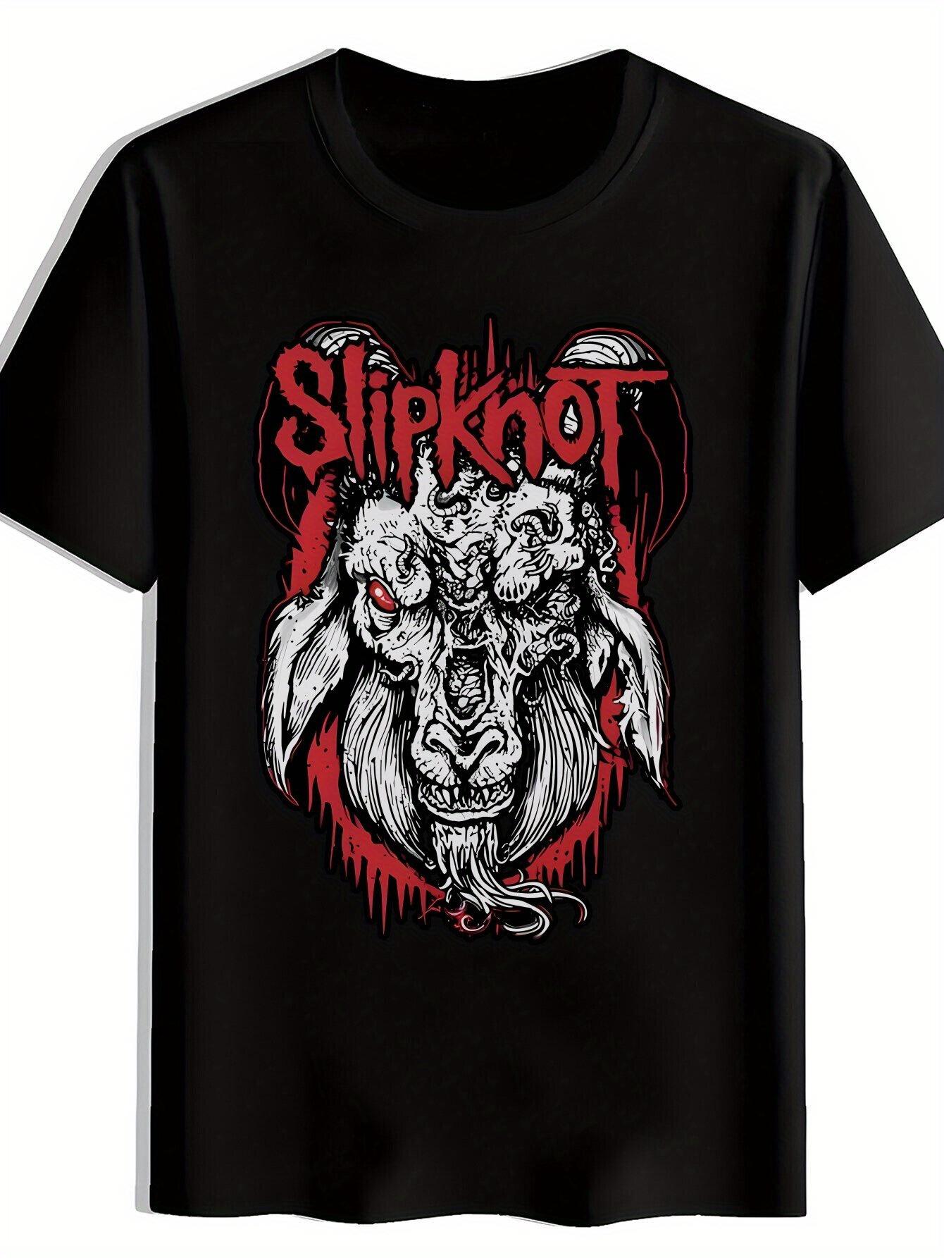 [Slipknot Graphic Tee] Slipknot Graphic T-shirt | Black Crew Neck Short Sleeve Tee with Aggressive Bull Design XL