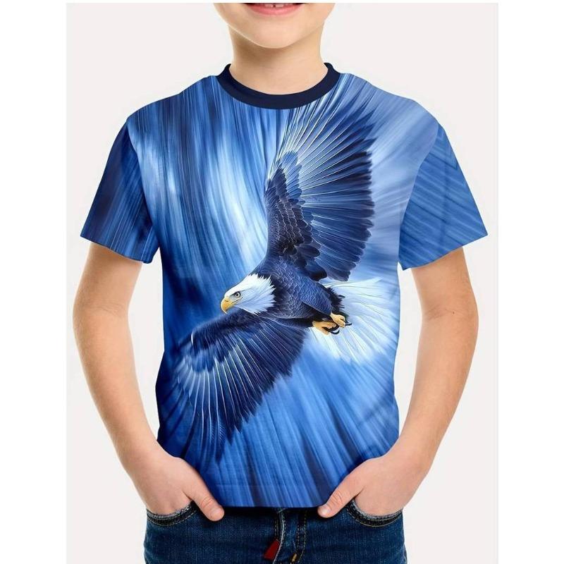 Summer Round Neck 3D Eagle Pattern Printed Top Fashionable Casual Short Sleeved Children's Boy T-shirts