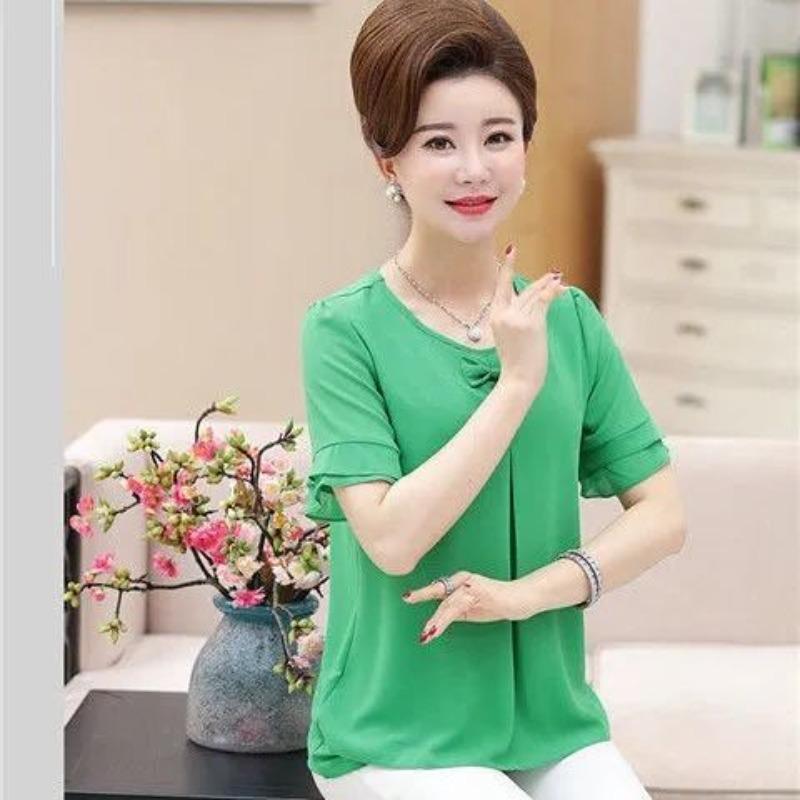 Summer Middle-aged Women's Top Plus Size New Summer Women's Loose Short Sleeved T-shirt Chiffon Shirt