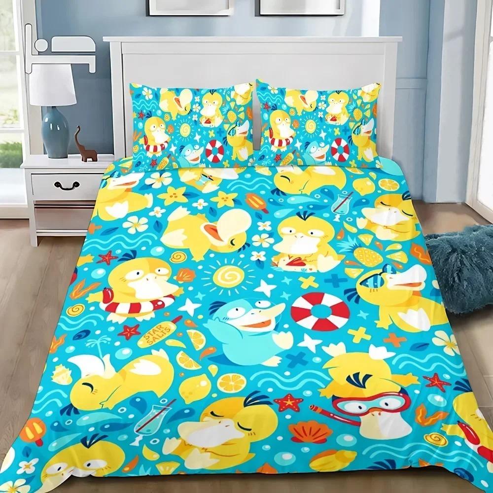 Ensemble de literie imprimé 3D Psyduck Dessin Animé Housse de couette Taies d'oreiller Enfants Simple Double Grande Taille