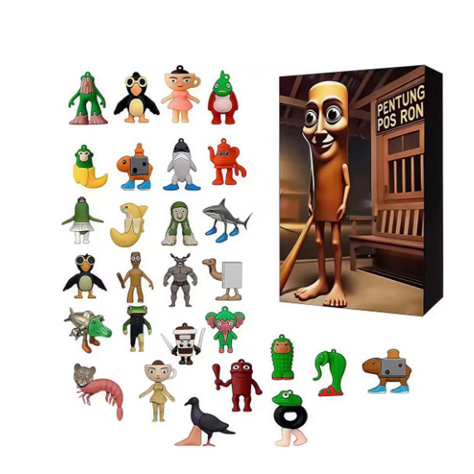 Christmas Arrival Calendar 24 Grid Countdown Brainrot Tung Sahur Pendant Acrylic Cartoon Animal Shark Wooden Stick Model Gift