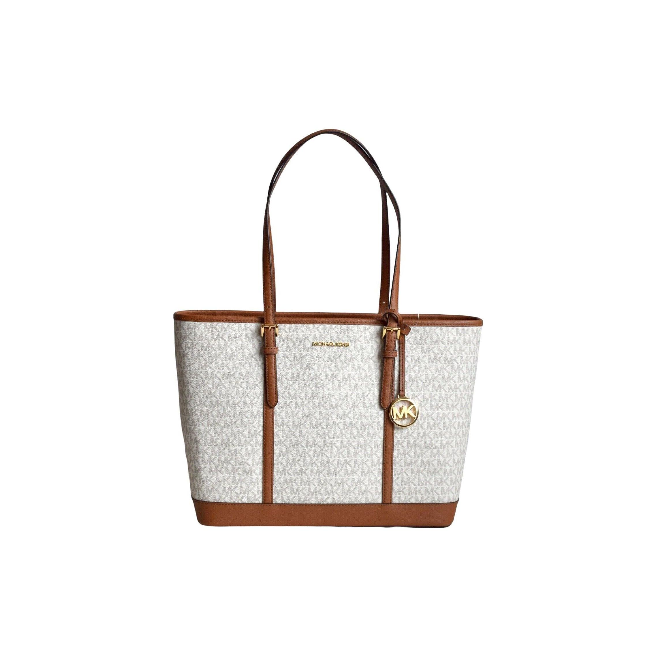 

Michael Kors MK Jet Set Travel Monogram Color Block Large Capacity Commuter Leather Tote Bag Women Tote Vanilla-White 35T0GTVT3V-VANILLA Basic Set (Bag+Dust Bag)