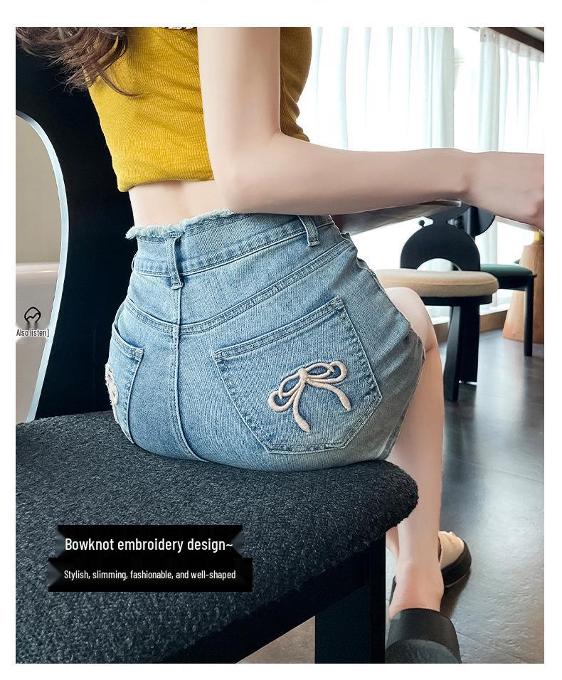 Sweet & Spicy Age-Defying Slim-Fit High-Waisted Denim Shorts with Bowknot Embroidery, Trendy A-Line Summer Straight-Leg Hot Pants for Women