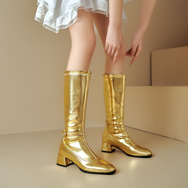 Plus Size Sewing Smooth Silver Upper Thick Heel Side Zipper Knee High Boots Square Toe Precise Style Long Boots