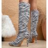 Fashion Designer Zebra Stripes Pointed Toe Slim Women Knee-High Boots Street Style Zipper Thin High Heels Stripper Party Shoes