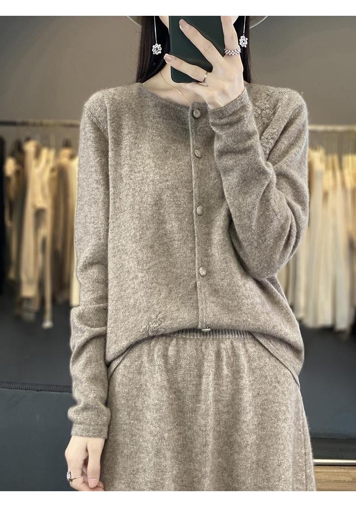 2023 Women's Elegant Australian Wool Crochet Cardigan - Autumn/Winter, Round Neck, Long Sleeve, Plain Color