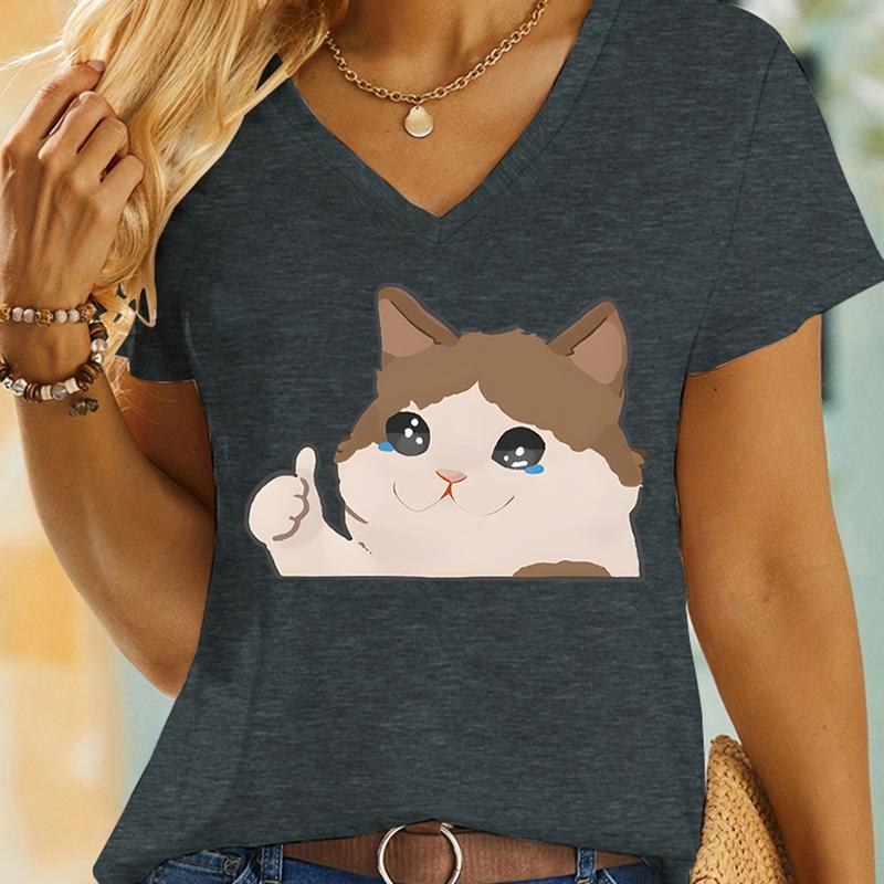Cry Cat Meme Kawaii Cartoon Tshirt Women Vneck Funny Animals Design Girls Clothing Crying Cat Print Fashion Casual Tshirts