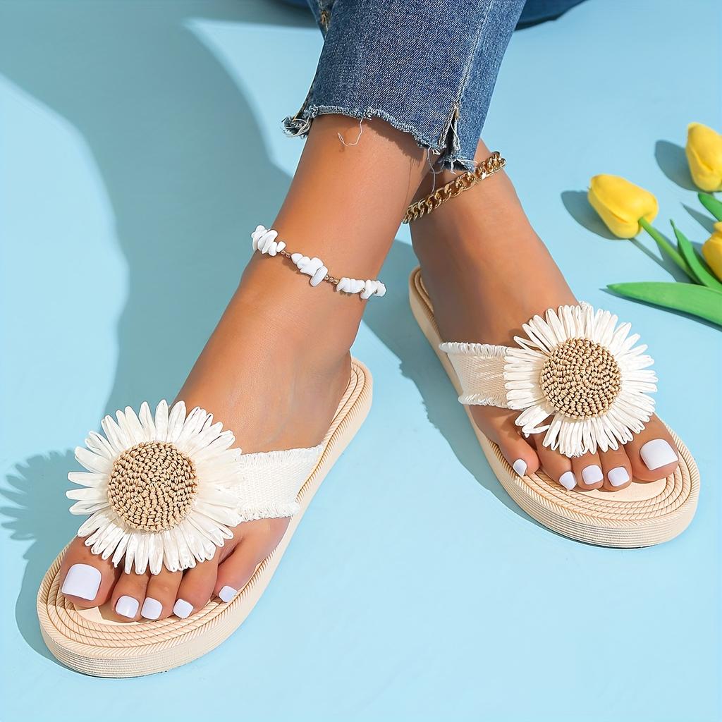 Women's Chrysanthemum Decor Flip Flops, Casual Slip Toe Slide Sandals, Lightweight Beach Shoes