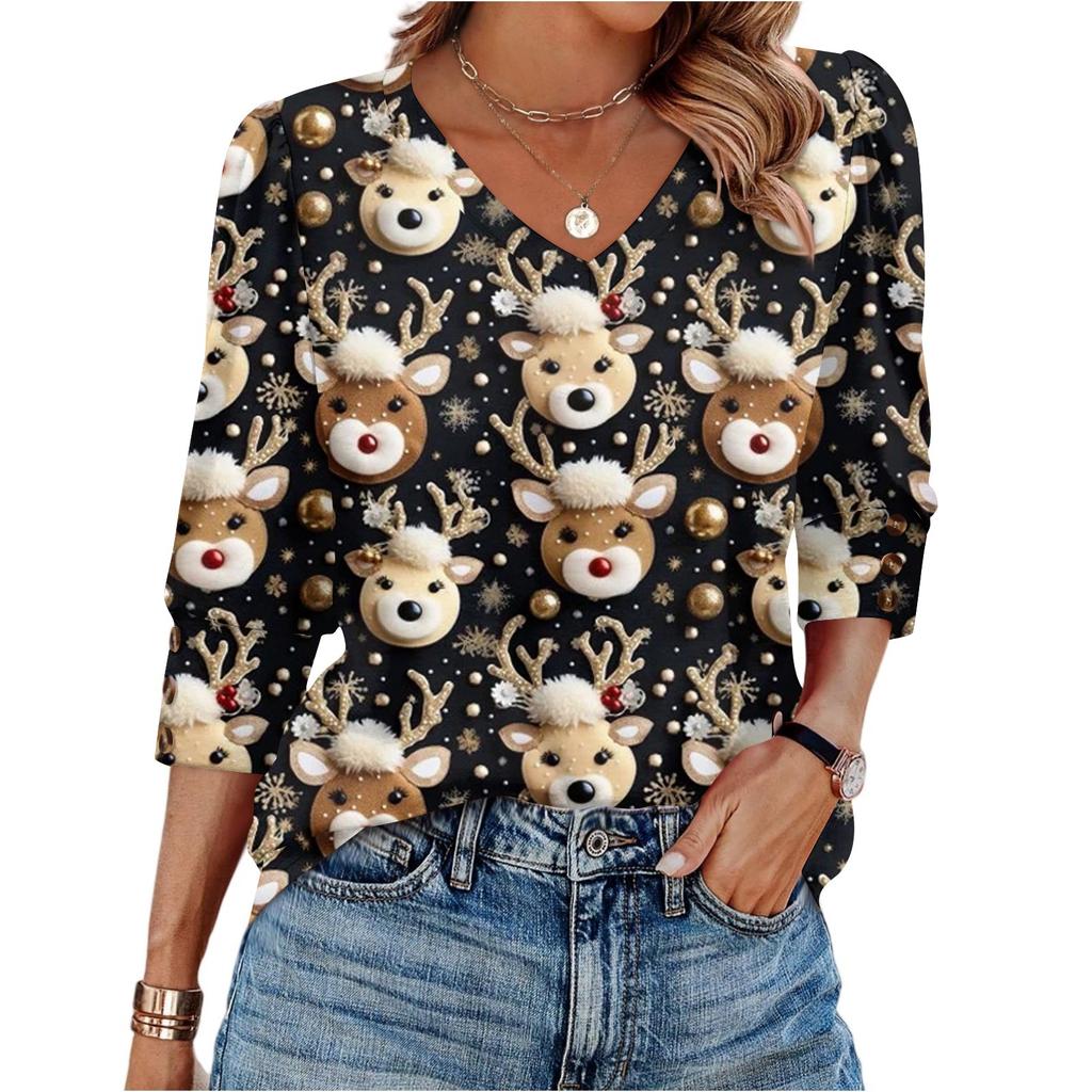 Women's Fashionable Casual Christmas Printed V-neck Top