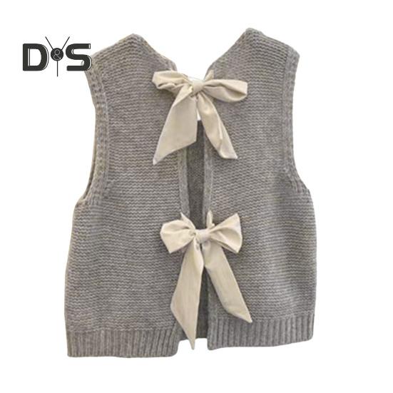 Women Knitted Vest Round Neck Sleeveless Crop Tank Back Bow Tie Decor Hollow Back Solid Color Sweater Vest