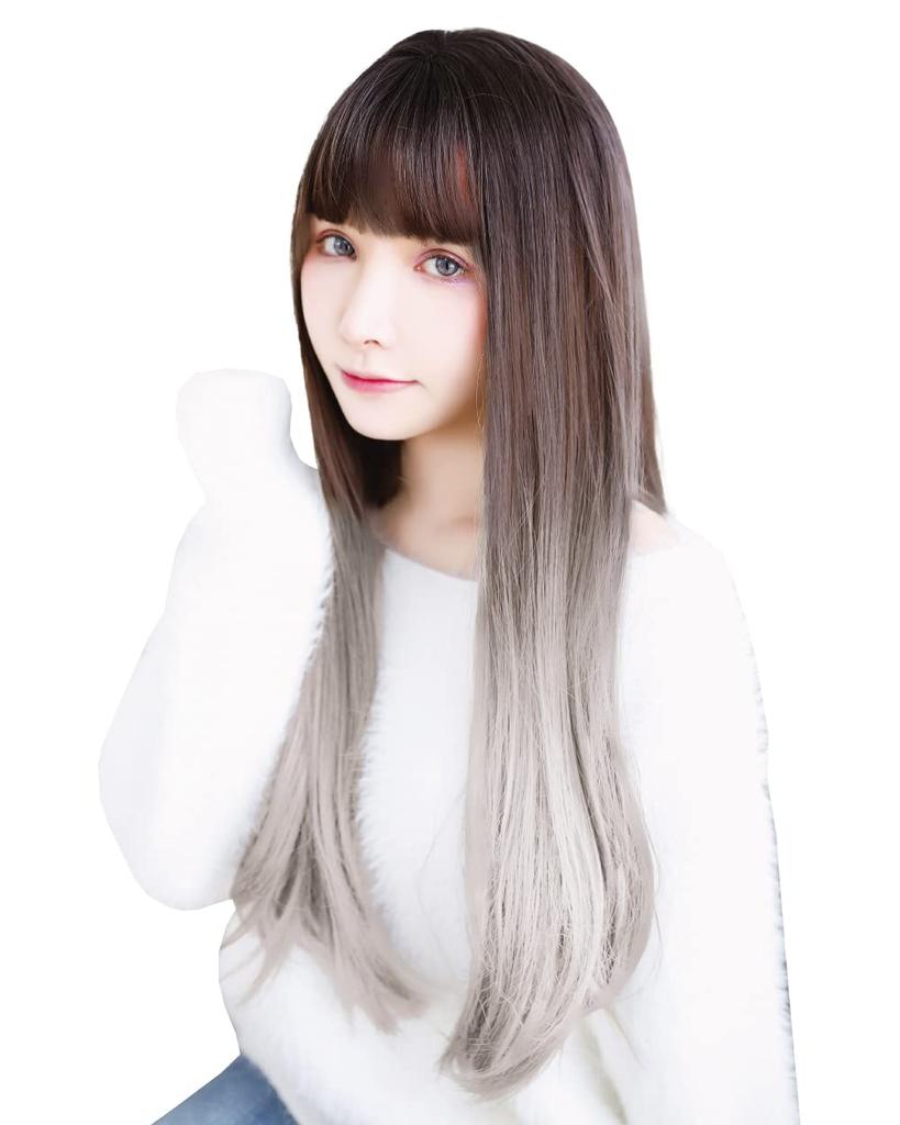 Wig Full Wig Long Straight Wig Natural Gradient Wig Net Included MODE Long Straight Black x White Ash [TefuRe] Semi-Long C-8211BLK-WHT-A