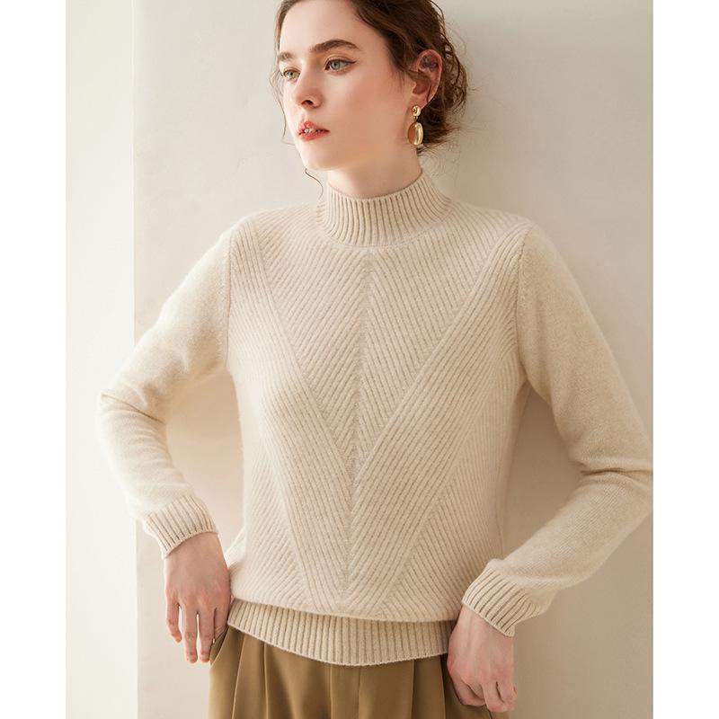 Women's Pure Cashmere Semi-High Neck Solid Color Thick Pullover Sweater for Autumn and Winter