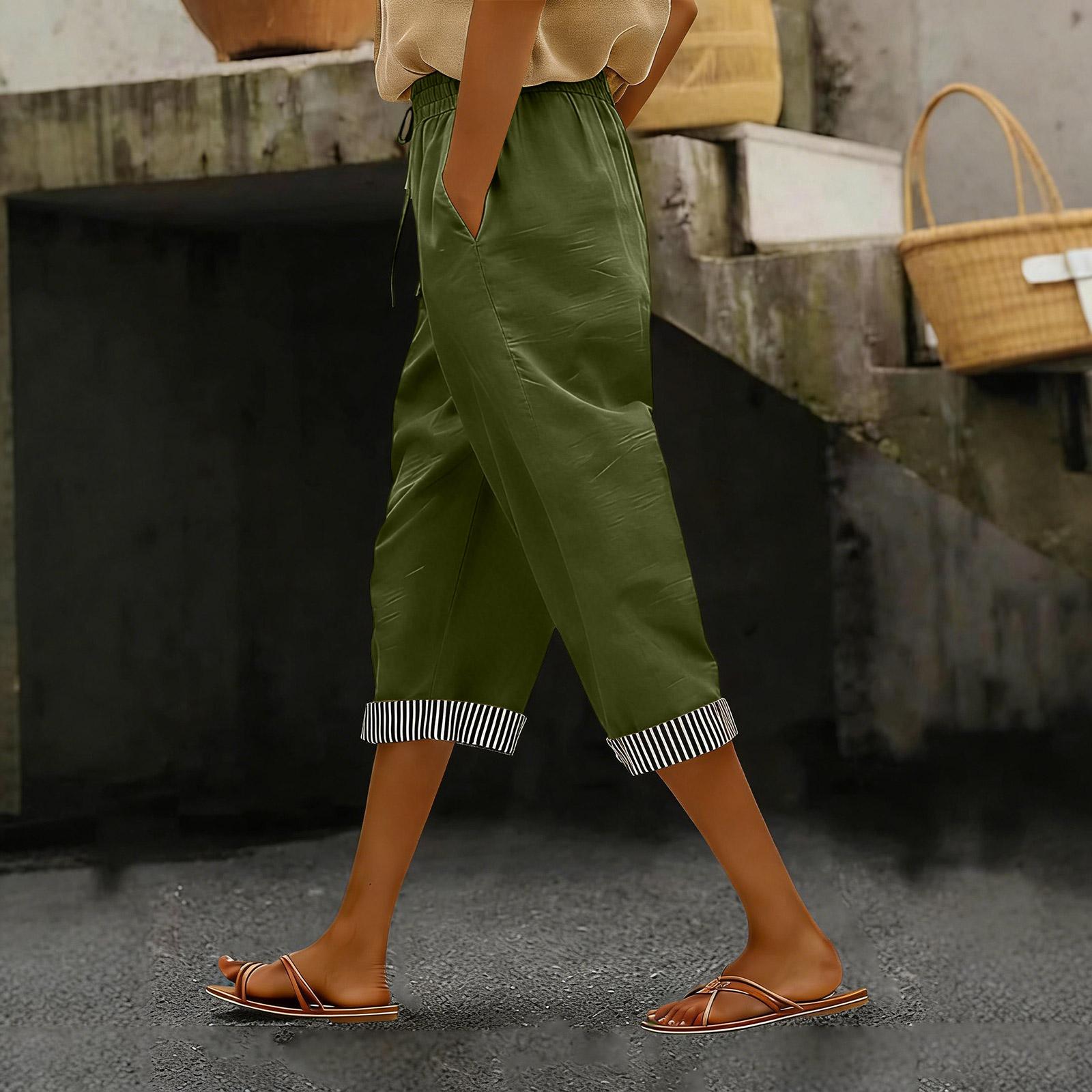 Women s Casual Linen High-Waisted Elastic Wide-Leg Striped Patchwork Loose Cropped Pants M
