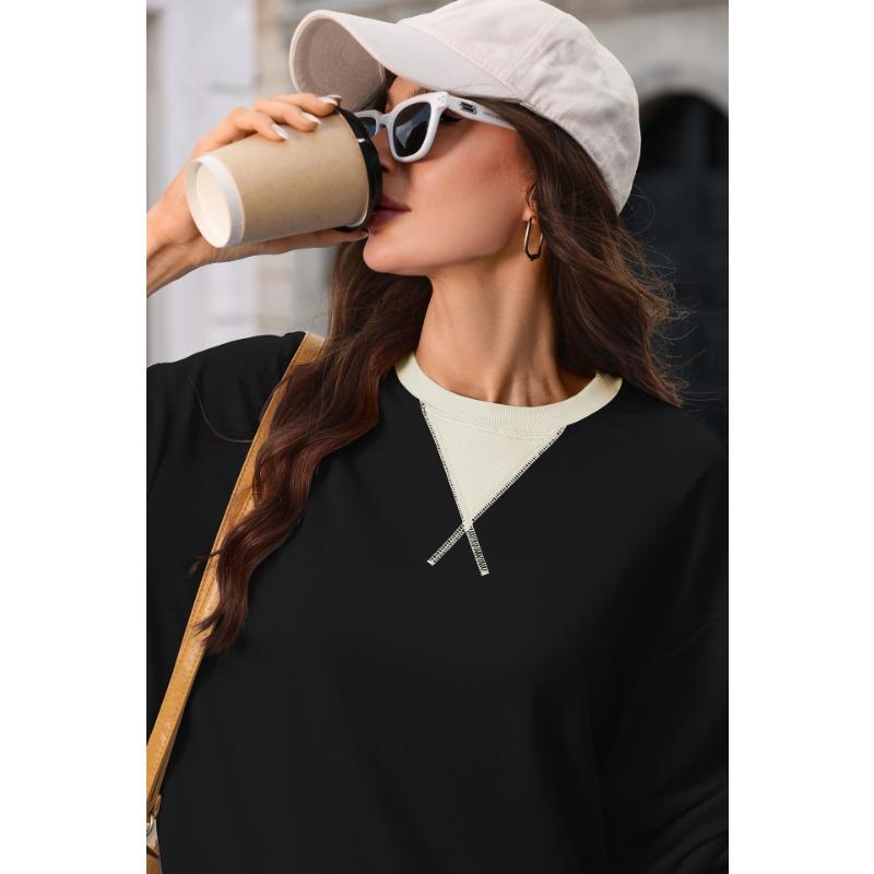 Women Loose Color Block Crew Neck Long Sleeve Casual Pullover Sweatshirt