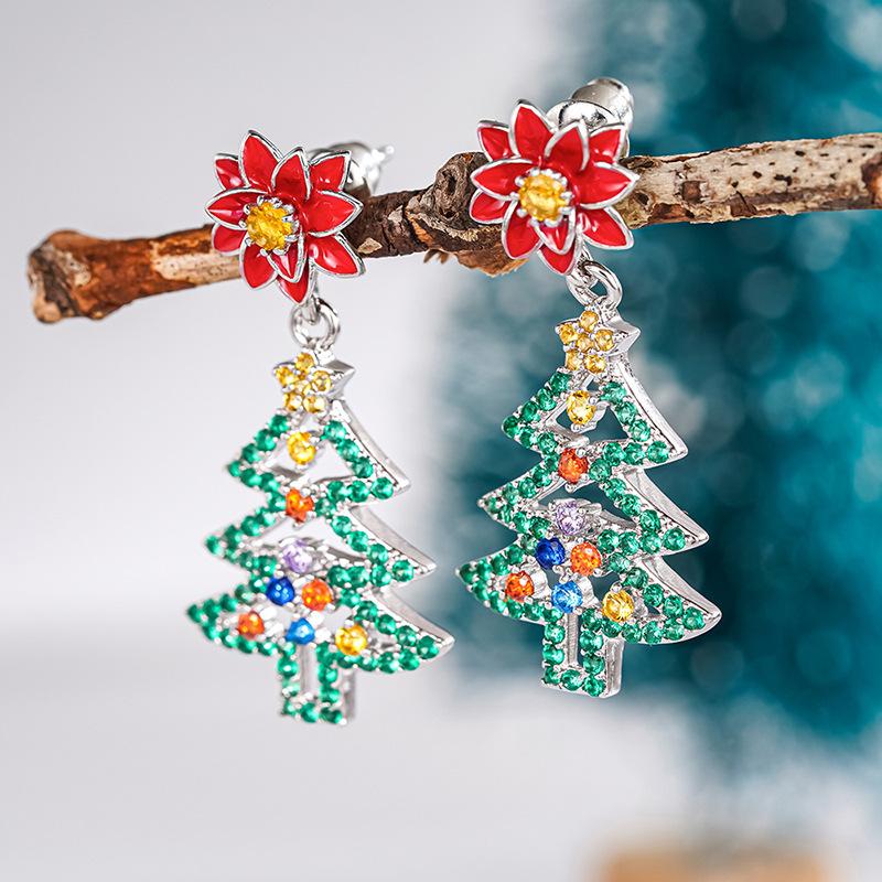 New Christmas earrings for women, colorful dopamine flower jewelry, Christmas wind hollowed out Christmas tree