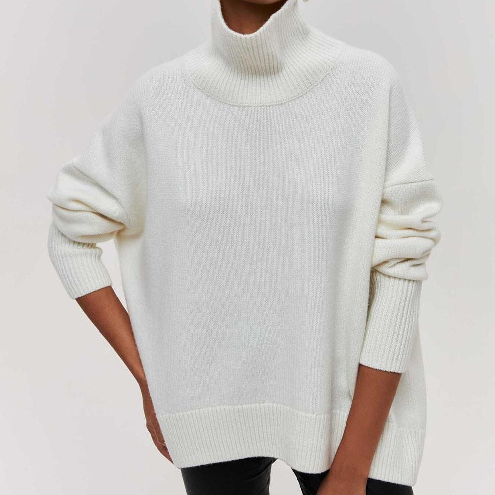 Women Autumn Winter Fashion Sweater For Ladies Loose Half High Collar Long Sleeve Solid Color Knitted Tops