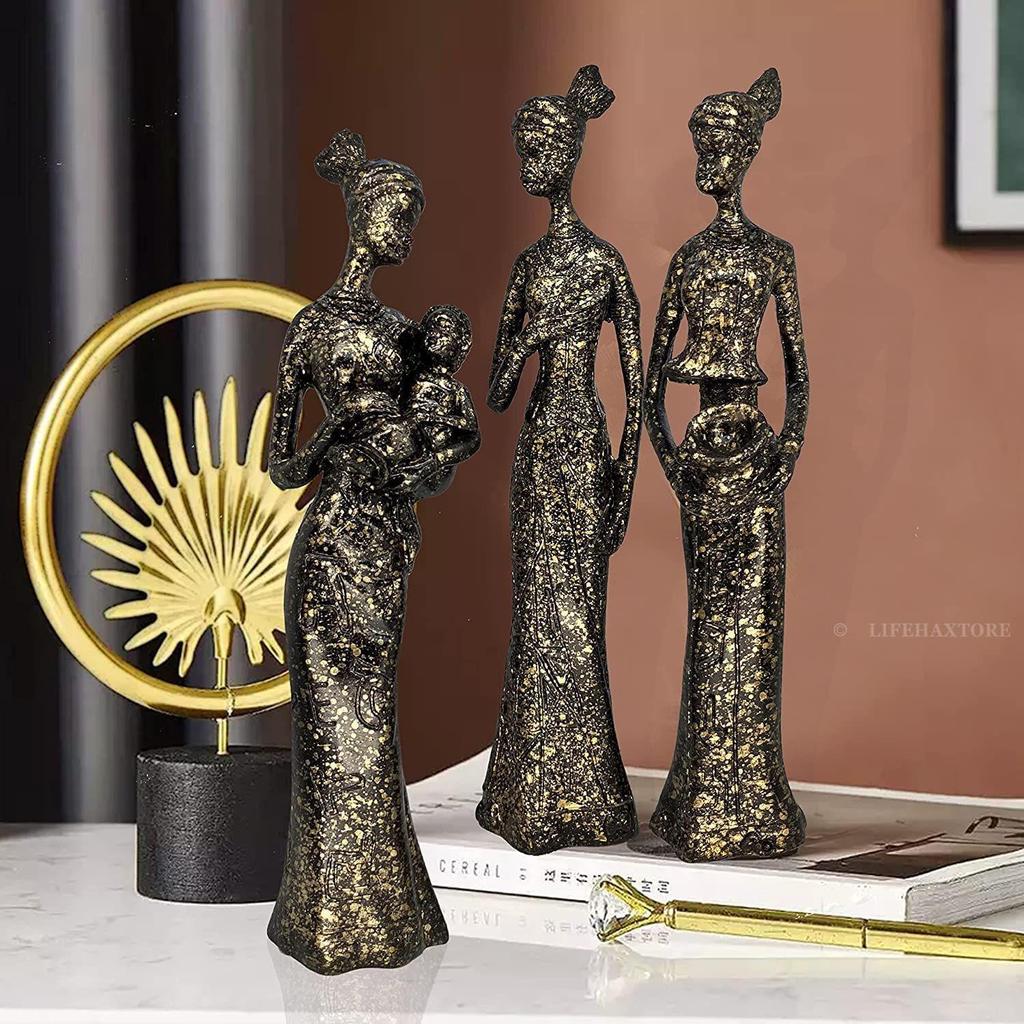 Home Decor African Tribal Women Art Piece, Beautiful Finish Uniquely Hand Crafted - (Set of 3, Black and Golden)