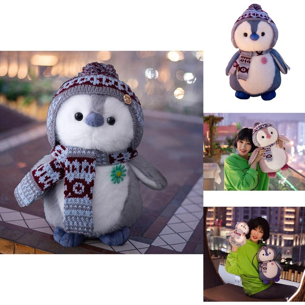Cute Penguin Plush Toy With Christmas Scarf And Hat Soft Stuffed Animal For Girls And Kids 20cm Grey Penguin