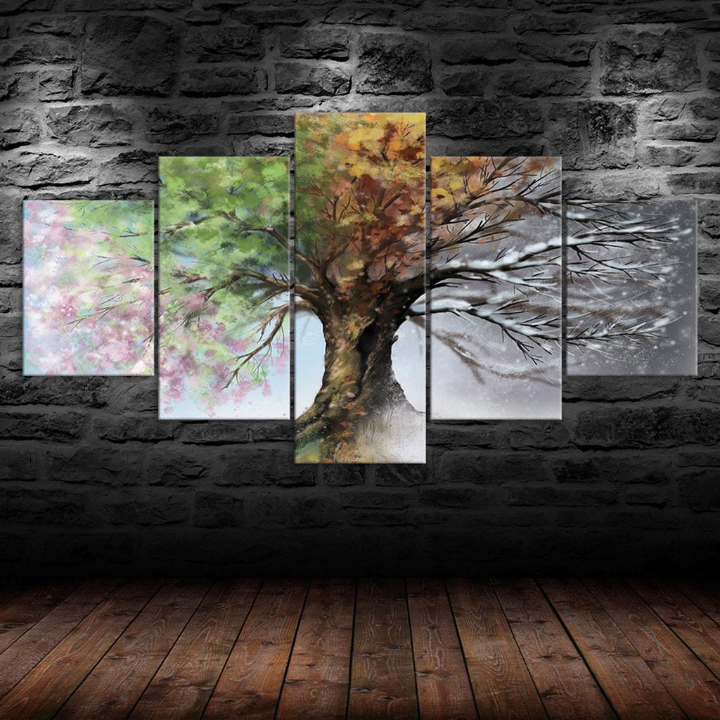Vier Jahreszeiten Baum Leinwand 5 Teile Fünf-Panel Wandbild Modernes Kunstposter Heimdekoration Geschenk für Ihn Für Sie
