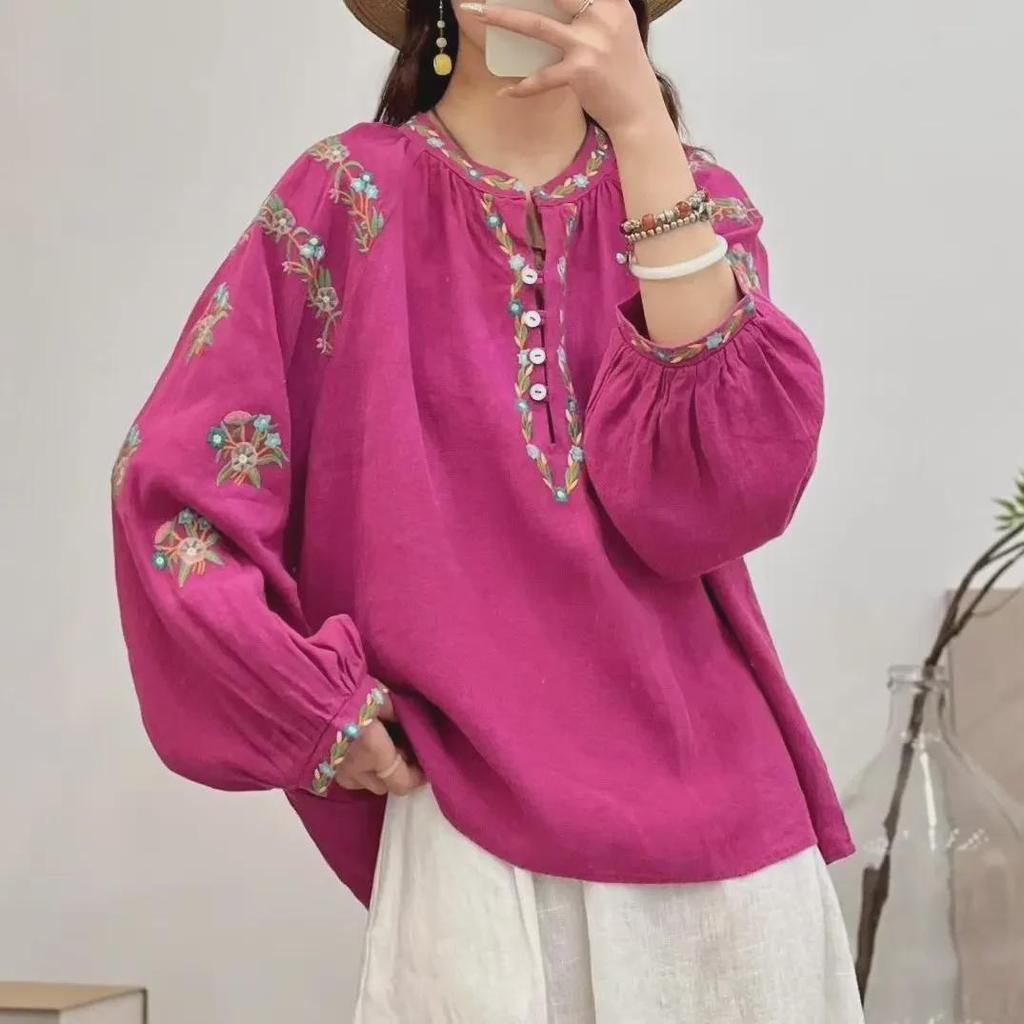 New Summer Ethnic Embroidered Long-Sleeve Cotton-Linen Shirt