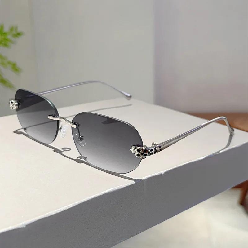 Brand Designer Luxury Rimless Sunglasses Women For Men  Vintage Punk Sun Glasses Popular Metal Leopard Head Shade Uv400
