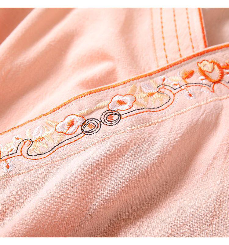Women's Embroidered Loose Cotton Linen Blouse Cardigan - Tie-Up Spring/Summer Top