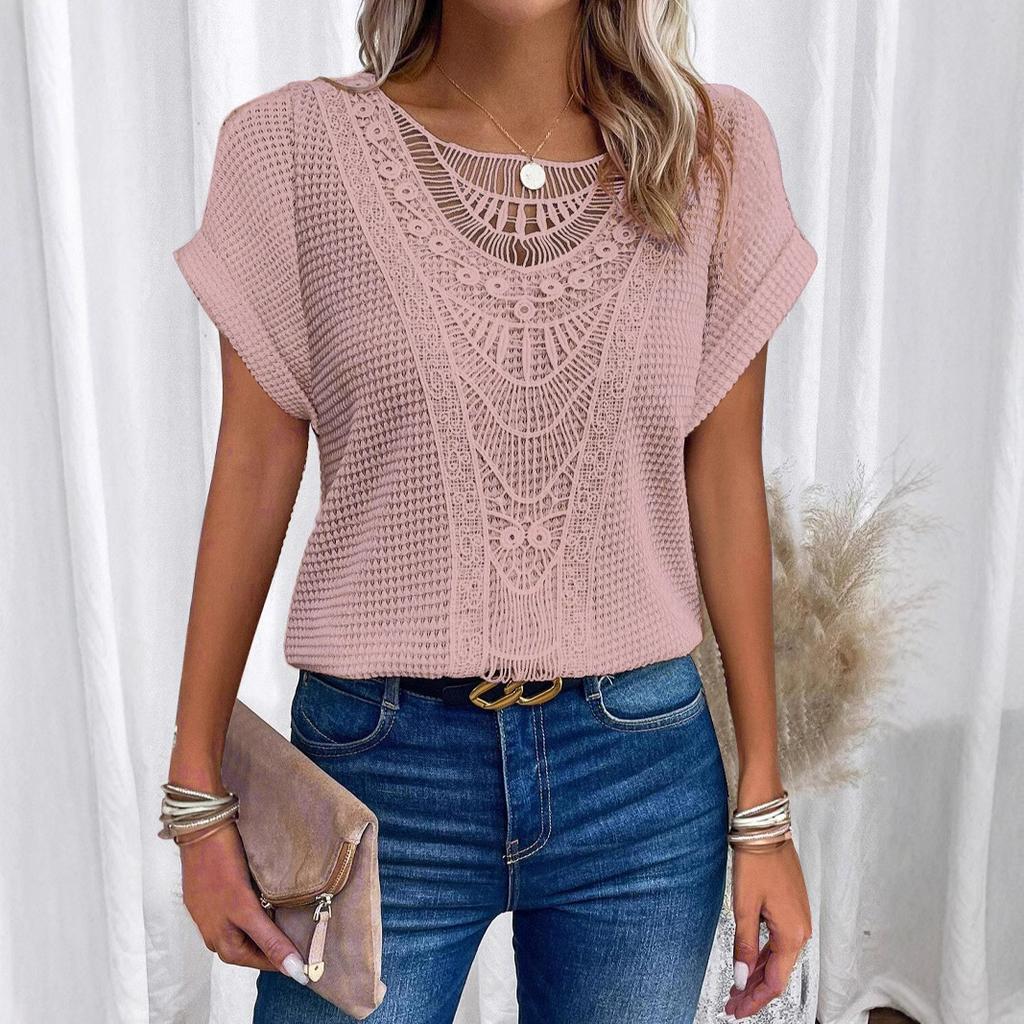 Solid Color Lace Patchwork Short Sleeved Women’s T-shirts