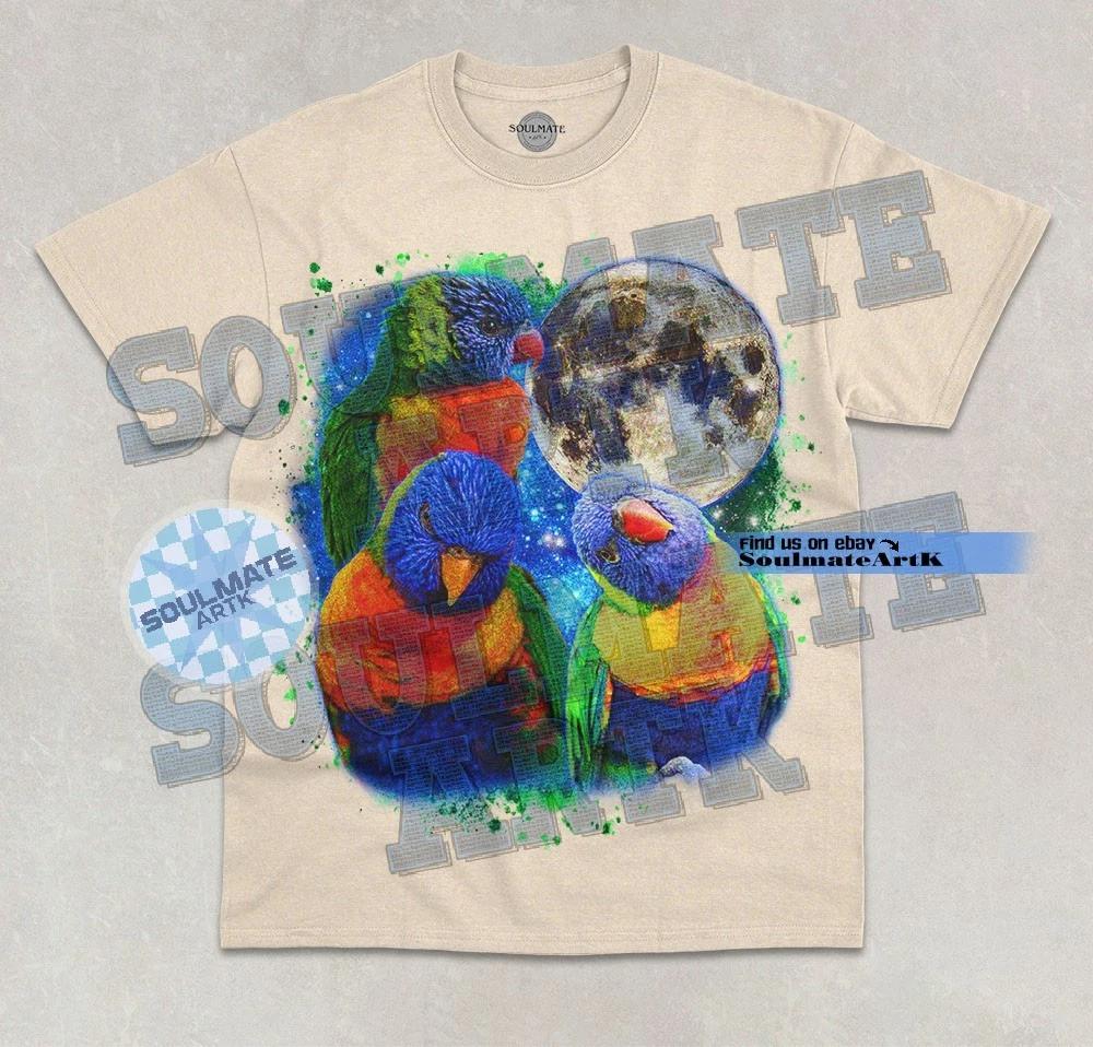 Three Parrots Moon T-Shirt Funny Meme Moon Wolf Parody Graphic Unisex Shirt L
