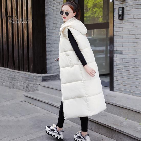 Winter Women Waistcoat Thickened Padded Zipper Closure Hooded Loose Fit Adjustable Waist with Belt Sleeveless Solid Color Windproof Heat Retention