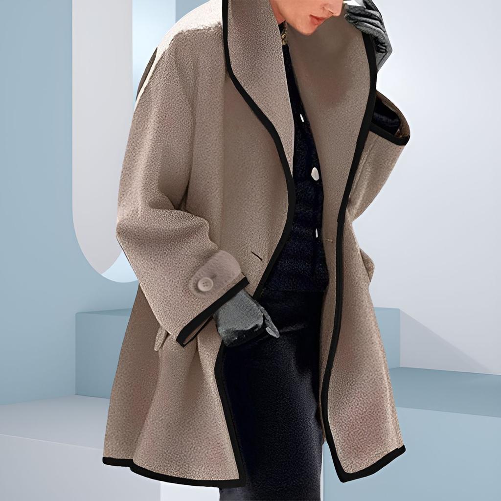 Stylish Fall and Winter Multi-color Crew Neck Loose Hooded Woolen Coat Color Matching Hemming Women's Coat