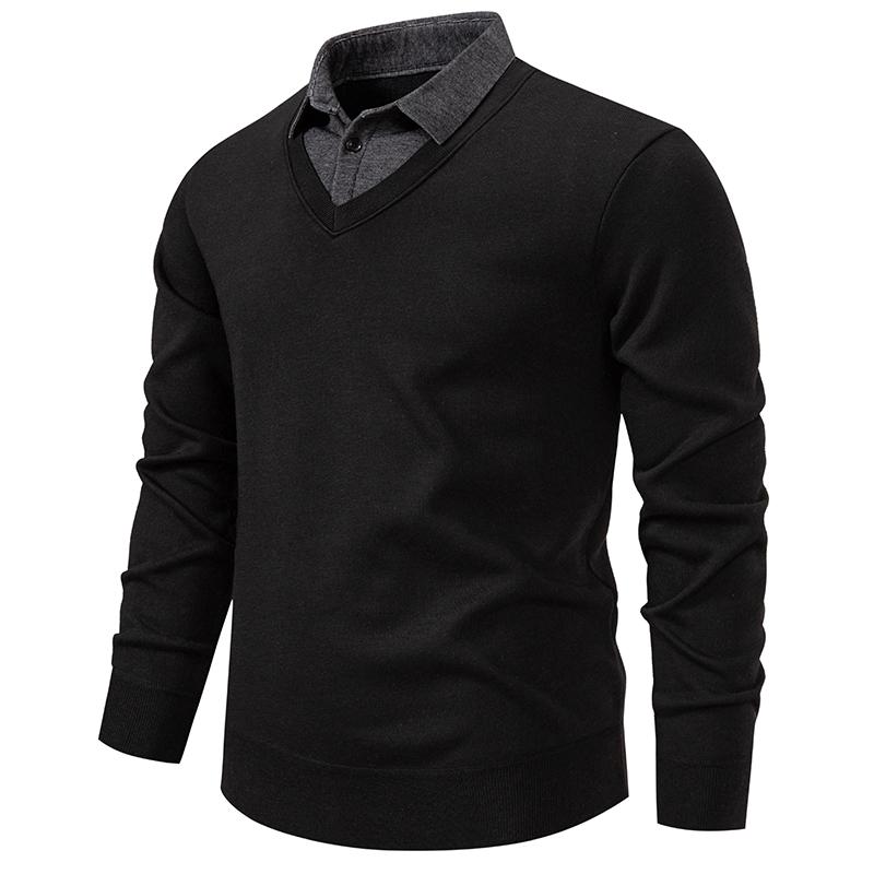 Autumn Winter Mens Long Sleeve Lapel Pullovers Fake Two-Piece Warm Knit Sweater