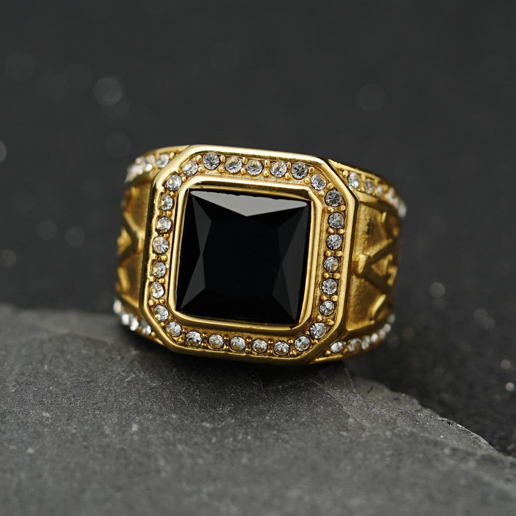 Edelstahlring Vintage Goldfarbe Strass Männlich Hiphop Rock Mann Frau Retro Freimaurer Freimaurerei Freimaurerschmuck