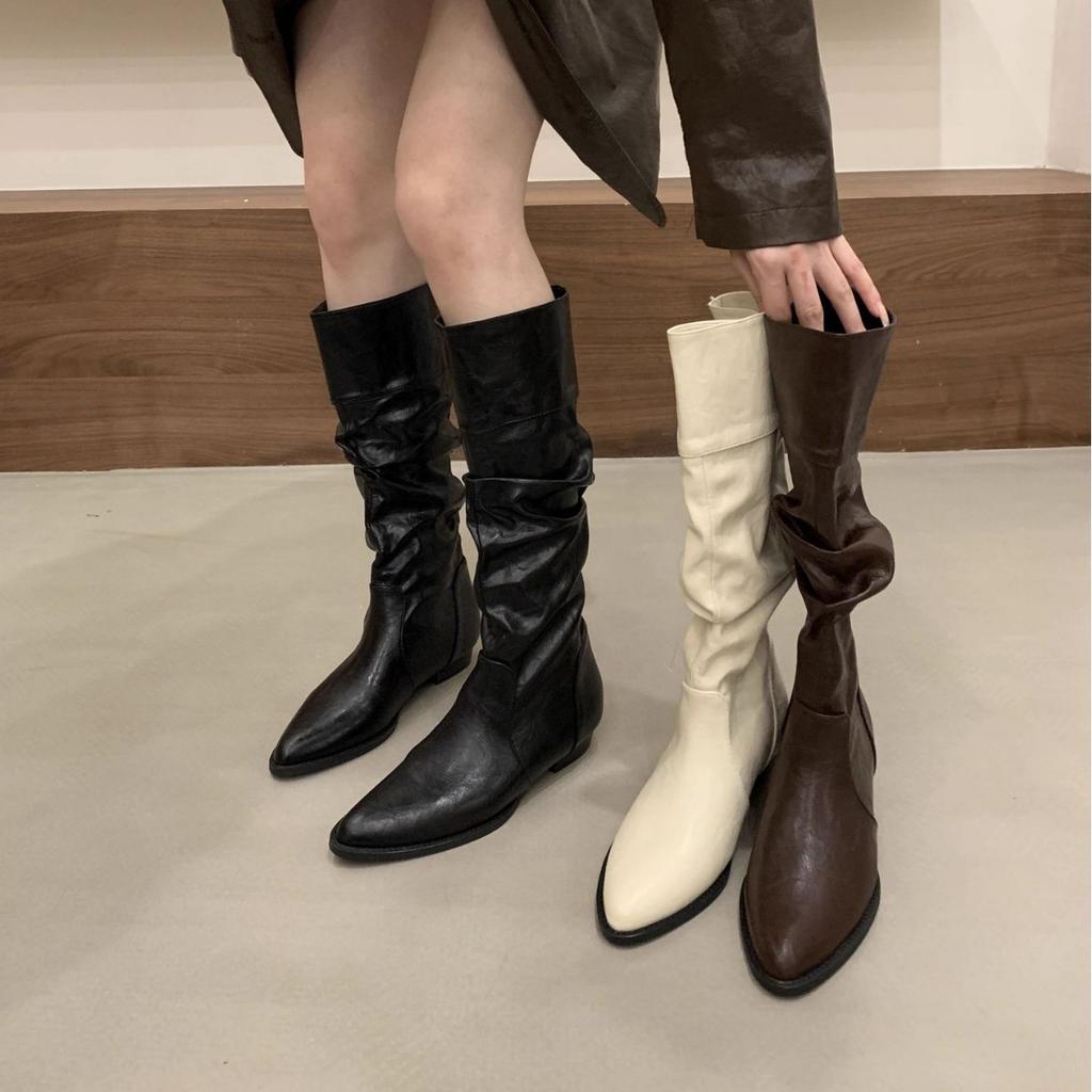 Inner height increase Small man White stacked medium tube Knight boots Women's shoes Autumn and winter Skinny boots Long tube long boots