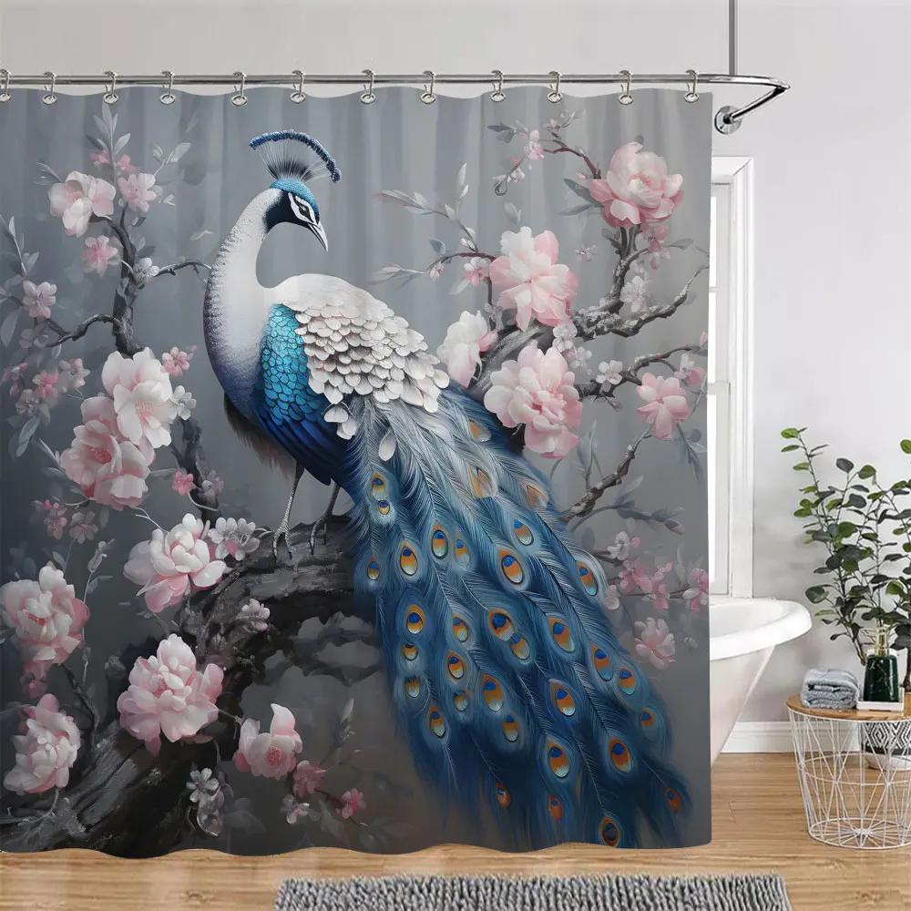 Vintage Peacock Shower Curtain Beautiful Turquoise Blue Peacock Floral Polyester Fabric Shower Curtain Bathroom Decor with Hooks
