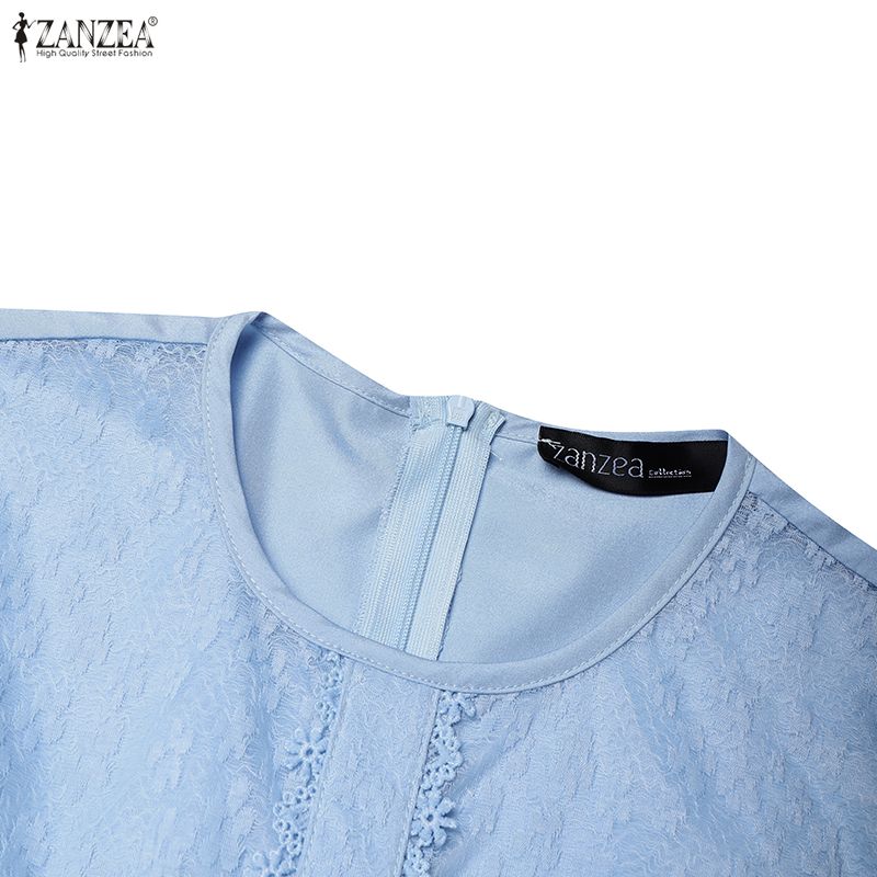 ZANZEA Vestido Feminino Casual de Verão com Gola Redonda, Manga Curta e Renda
