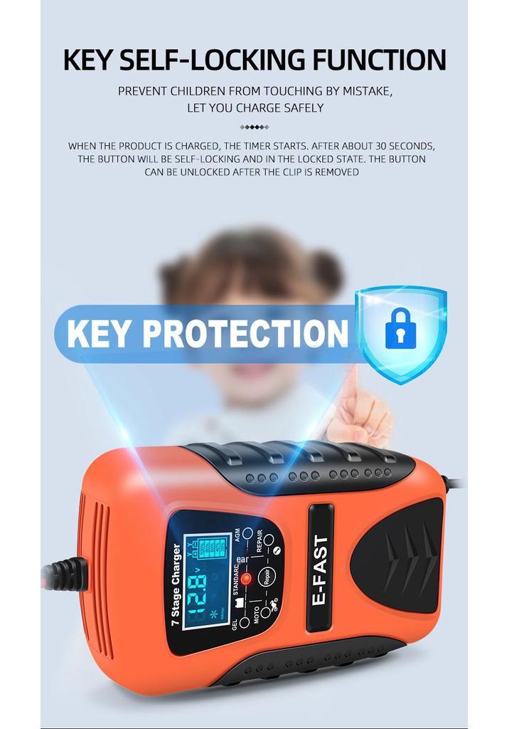 E-FAST 12V 7-Stage Charger for Car and Motorcycle Batteries with Current, Voltage, and Battery Level Display.