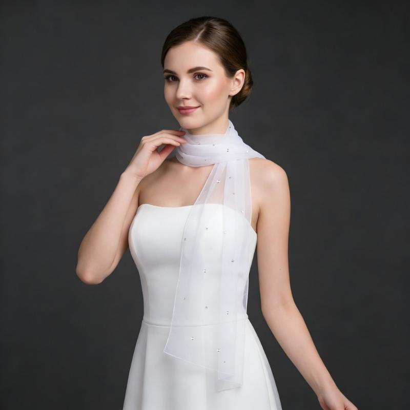 Seethrough Sheer Bridal Veils with Rhinestones Decors for Outdoor and Indoor Event Bride Shawl Wrap for Wedding Dresses