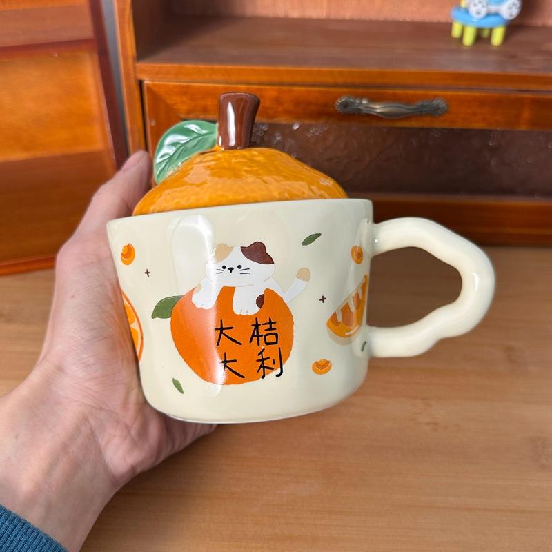 Daji Dali Orange Ceramic Cup with Lid Cute Cat Mug New Year Gift Coffee Cup Office Water Cup
