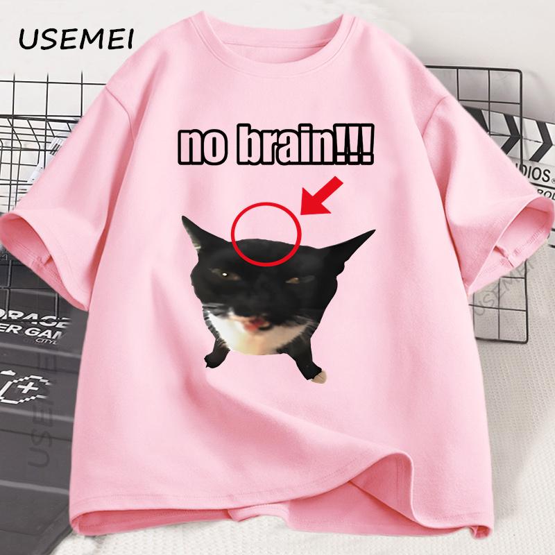 No Brain Cat T-Shirt Funny Unisex Tee Cat Lovers Joke Humor Cute Kawaii Tshirt Male Casual Short Sleeve Tees Mens Clothing