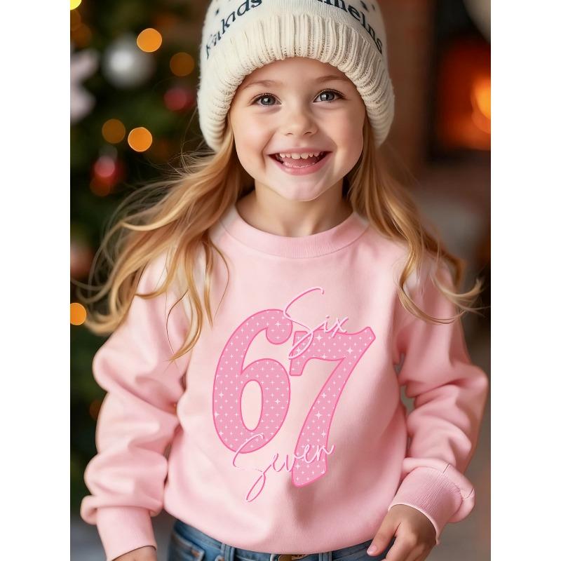 European sizes Kids' Fall Winter Fashion Fleece Round Neck Sweatshirt, "Six Seven" Letter Pink Sequin Style Number "67" Print Loose Casual Long Sleeve