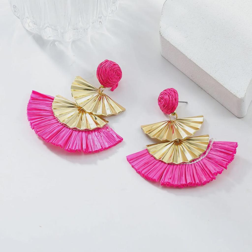 Cercei retro europeni-americani din rafie în formă de evantai cu design de frunză metalică - Accesorii de păr lucrate manual