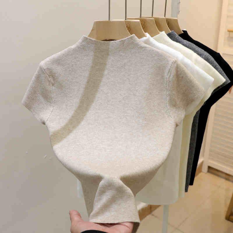Women's Slim Fit Knitted White Top - Summer 2025 Short Sleeve Half High Neck Tee