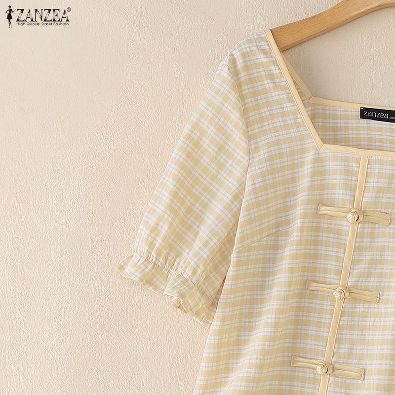 ZANZEA Women Square Collar Casual Short Sleeve Grid Print Blouse