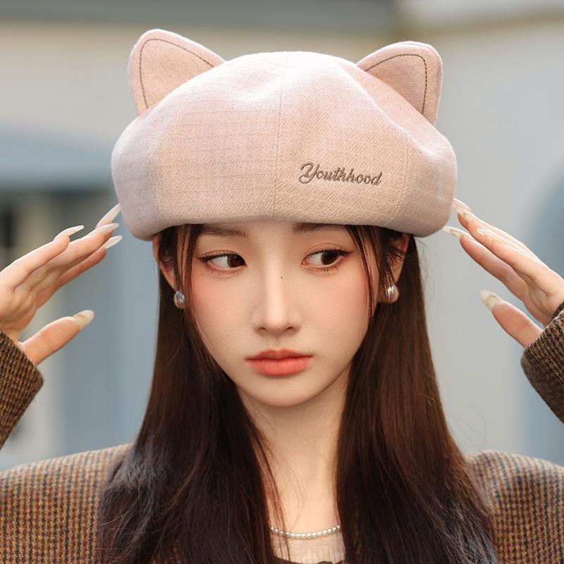 

Корейский Ретро Милый Берет с Кошачьими Ушками Весна и Осень Новый Повседневный Универсальный Берет Художника Ветрозащитная Теплая Шапка для Женщин One Size
