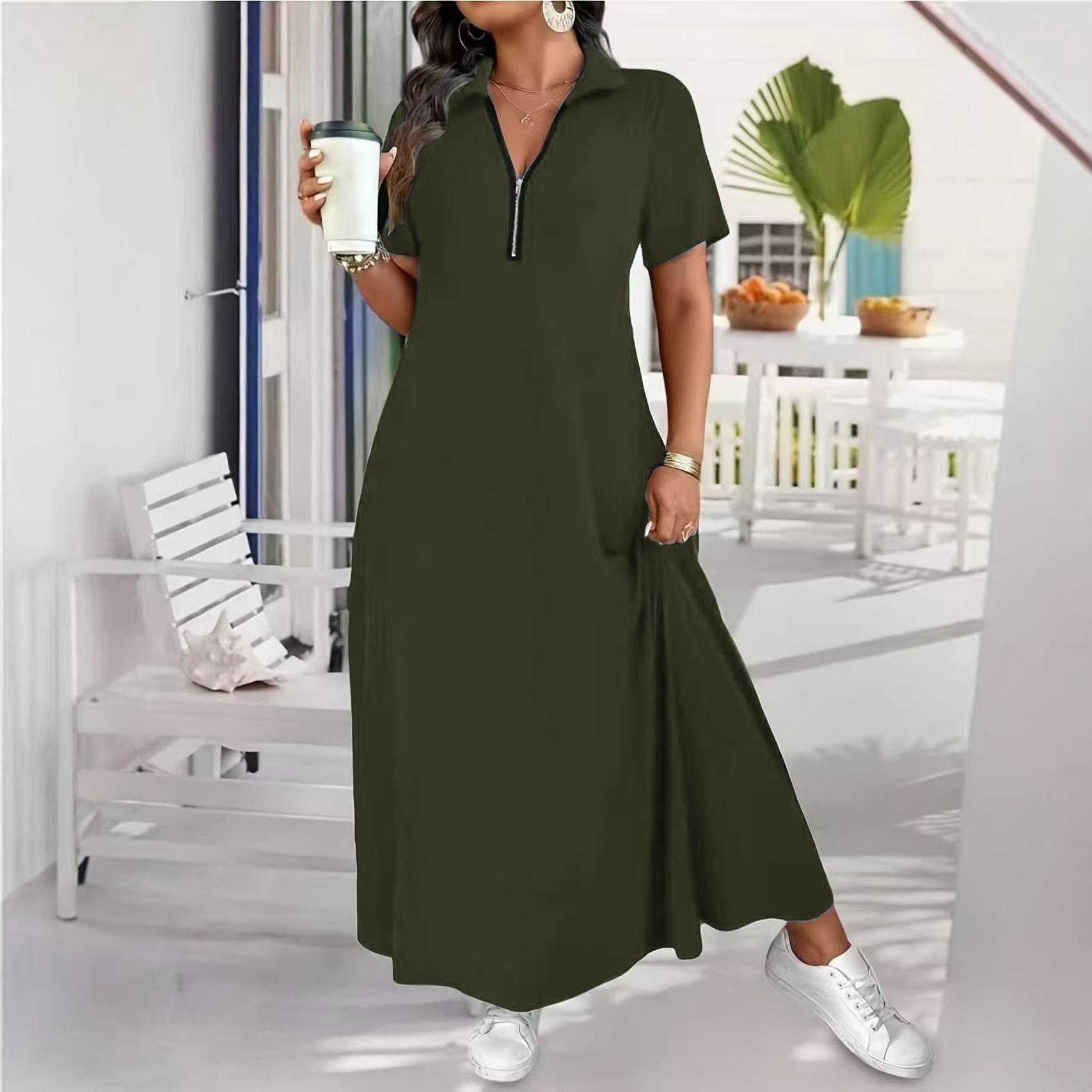 

Women s Blue Short Sleeve Maxi Dress with Zipper Neck and Side Pockets 5XL армія зелений колір