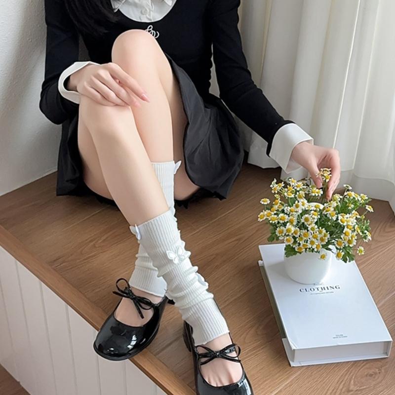 Womens Girls Ballet Style Ribbed Knit Stretch Leg Warmer Japanese Aesthetic Sweet 3D Butterfly Leg Cover Footless Socks