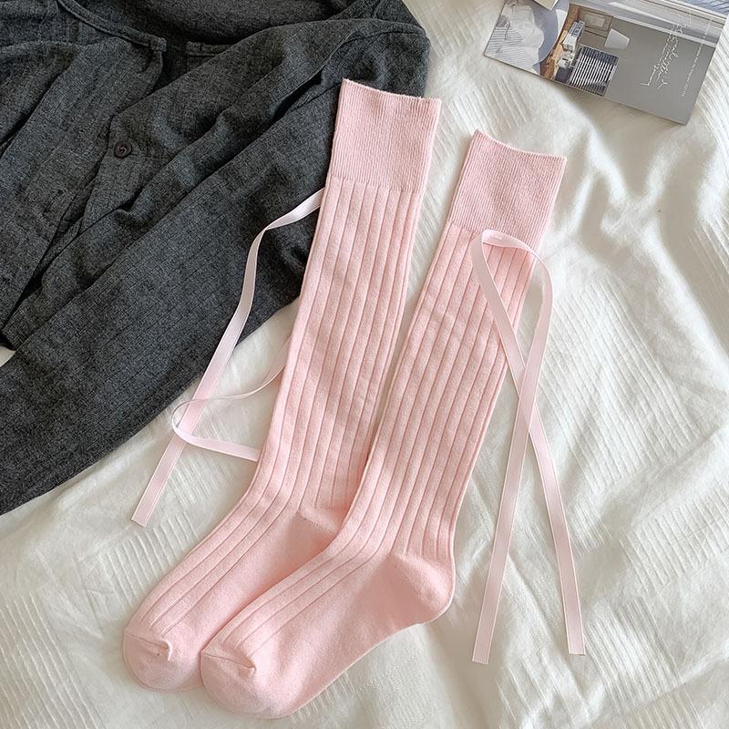 

Japanese Kawaii Calf-Length Girl Sock Solid Color Vertical Striped Over-Knee Sock with Ribbon Bow Versatile Cute Schoolgirl Sock One Size