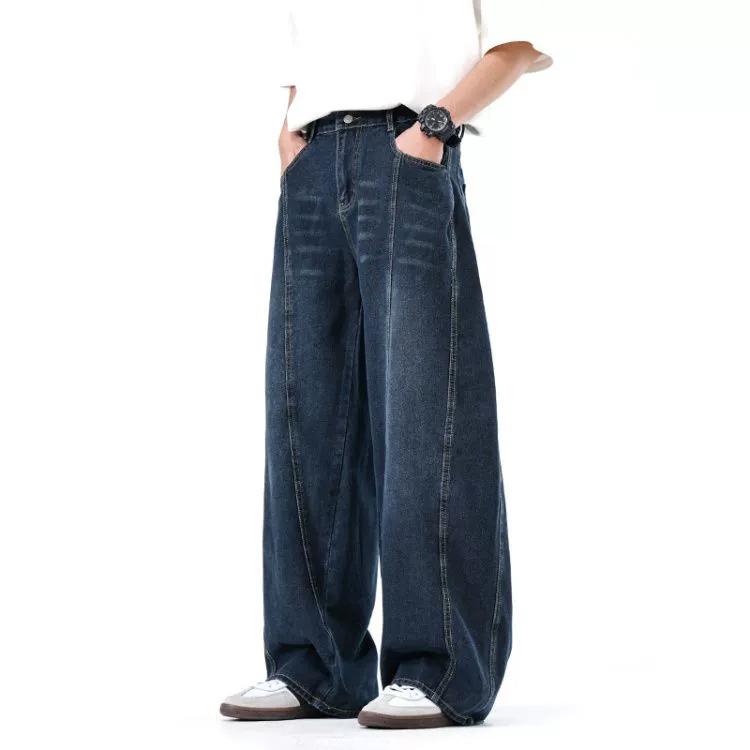 

2025 Модные мужские брюки Ins High Street Retro, мужские потертые потертые джинсы, мужские американские свободные прямые повседневные брюки, мужские широкие джинсовые брюки XL синий