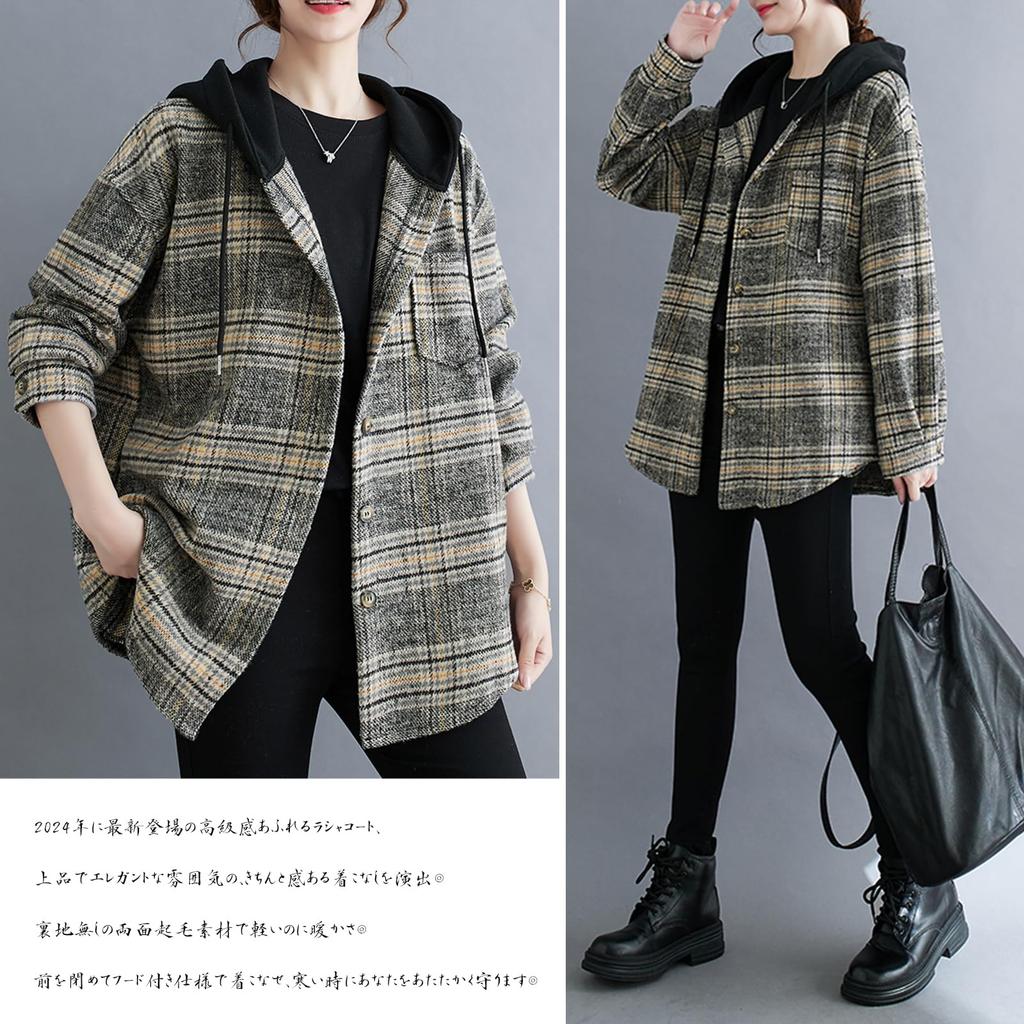 Chesterfield Long Sleeve Hooded Check Pattern Trench Lapel Loose Cold Weather Perfect for and Winter [CCGGOWMM] Women's Coat, Coat, Outerwear, Coat,