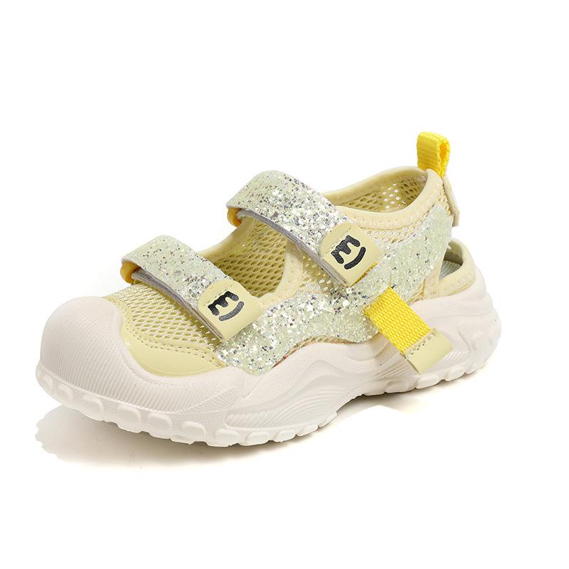 Children's Sparkling Princess Sports Sandals2026New Summer Solid Color Single Mesh Hollow Velcro Casual Shoes